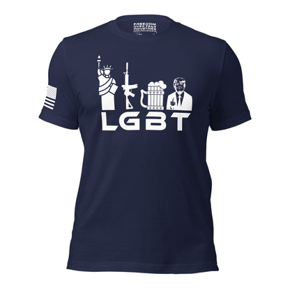 Liberty Guns Beer Trump LGBT MAGA Trump 2024 Rally Conservative Republican Patriotic Political Men's T-Shirt Freedom Over Fear Industries