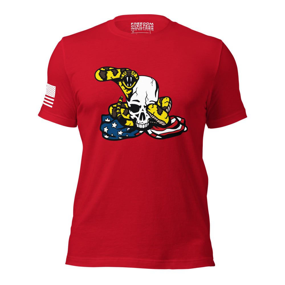 Don't Tread on Me Gadsden Coiled Snake and Skull Conservative USA Men's T-Shirt Freedom Over Fear Industries