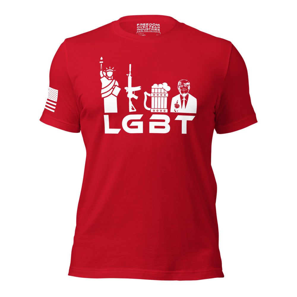 Liberty Guns Beer Trump LGBT MAGA Trump 2024 Rally Conservative Republican Patriotic Political Men's T-Shirt Freedom Over Fear Industries
