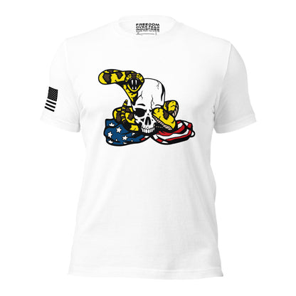 Don't Tread on Me Gadsden Coiled Snake and Skull Patriotic Conservative USA Men's T-Shirt Freedom Over Fear Industries