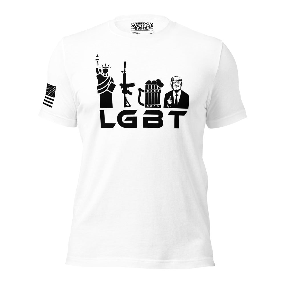 Liberty Guns Beer Trump LGBT MAGA Trump 2024 Rally Conservative Republican Political Men's T-Shirt Freedom Over Fear Industries